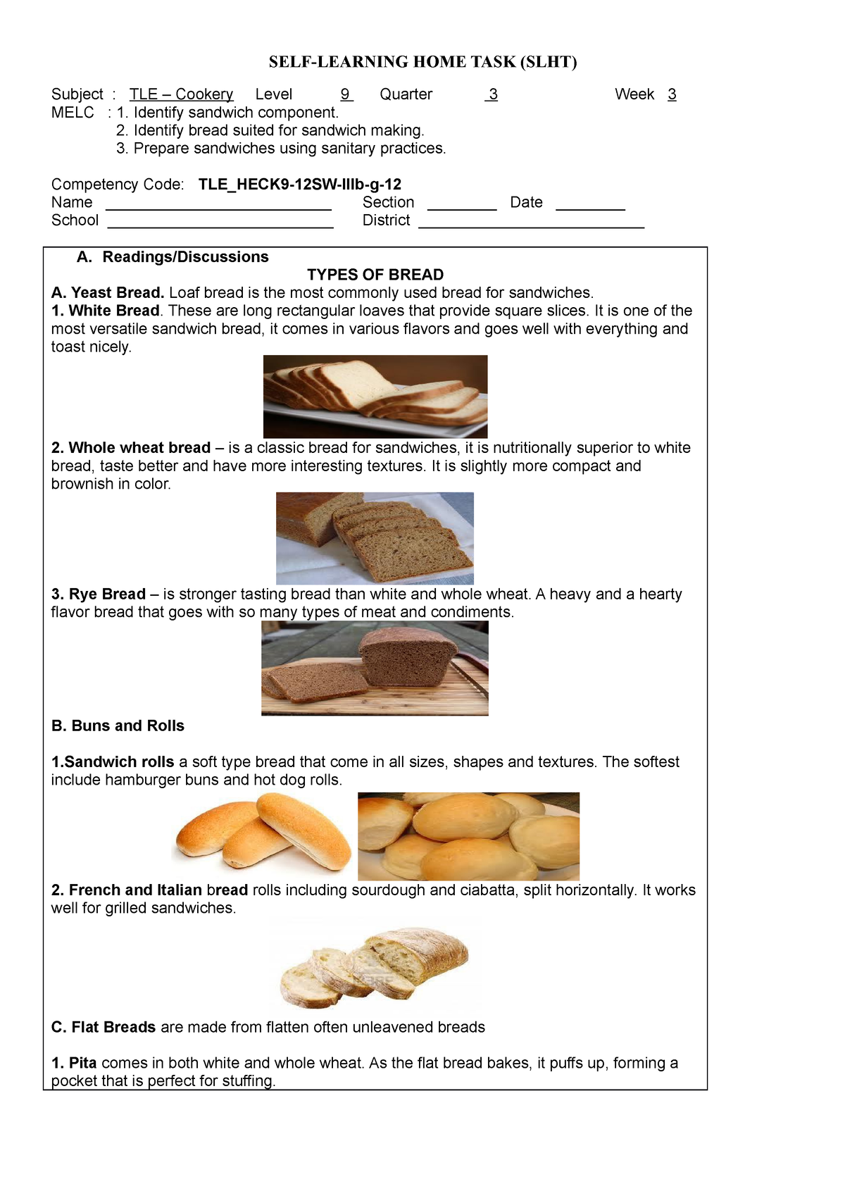 SLHT Cookery 9 3rd Quarter Week 3 - SELF-LEARNING HOME TASK (SLHT ...