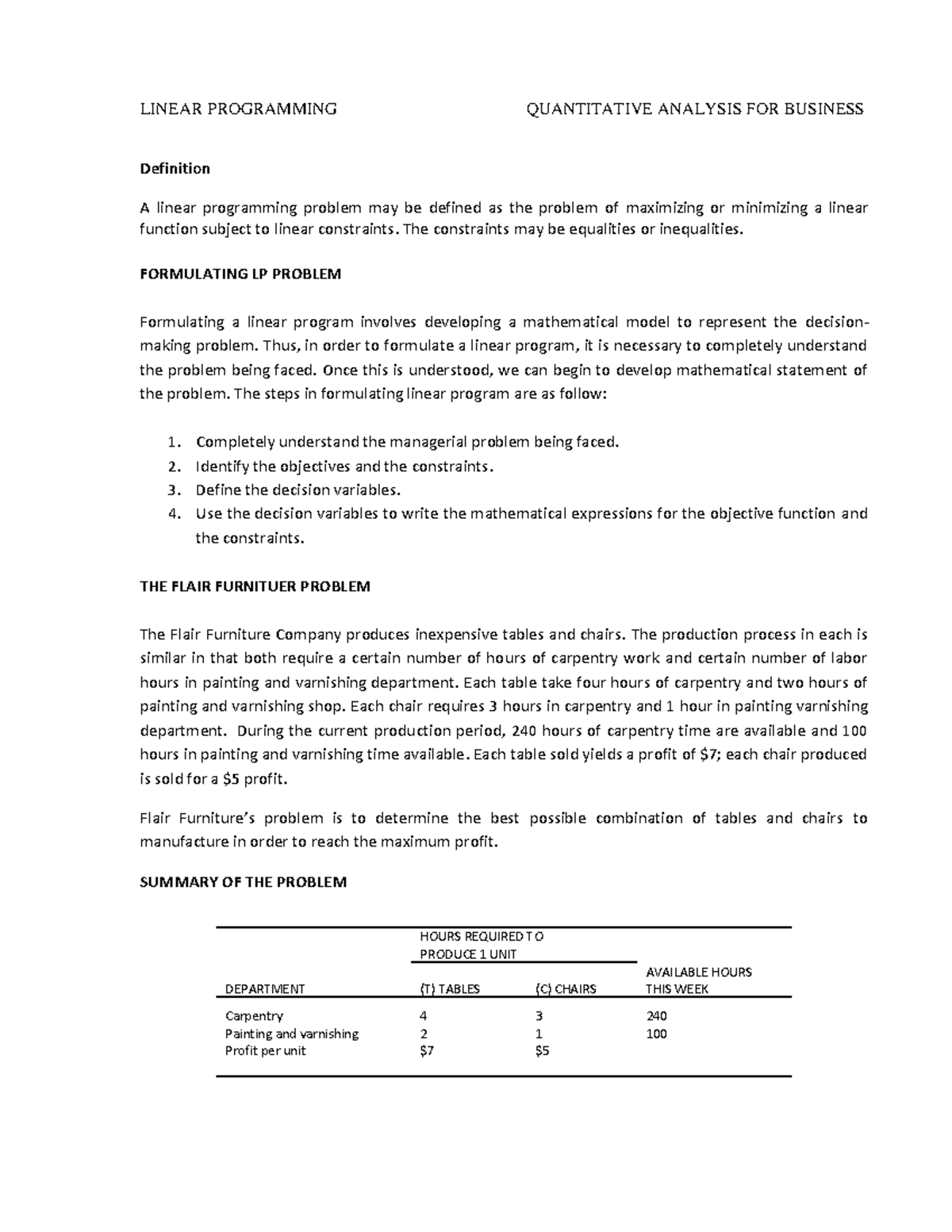 Linear Programming - Definition A linear programming problem may be ...