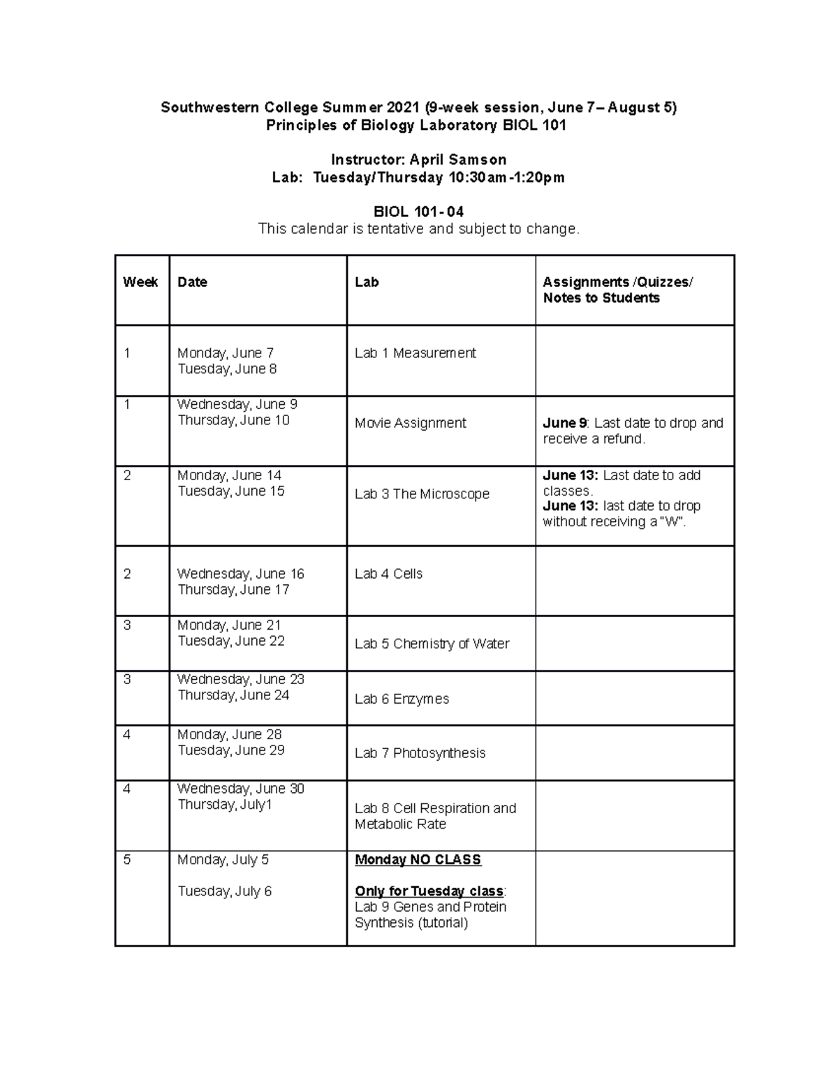 BIOL 10104 tuesday Laboratory Schedule Summer Southwestern College