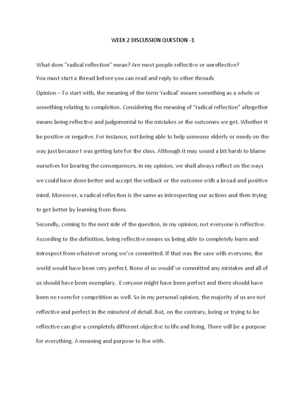 Discussion Question - Reflective and Unreflective people - WEEK 2 ...