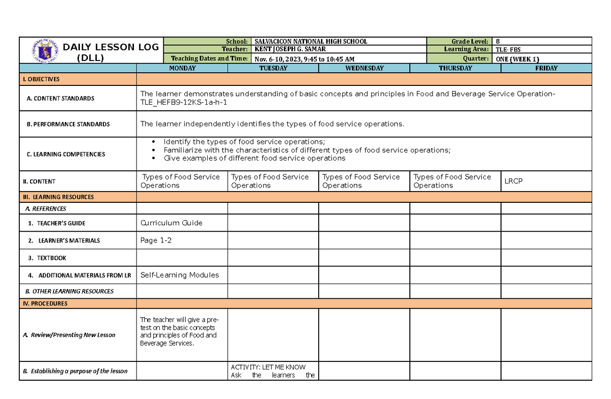 DLL TLE FBS-WEEK1 - \ DAILY LESSON LOG (DLL) School: SALVACICON ...