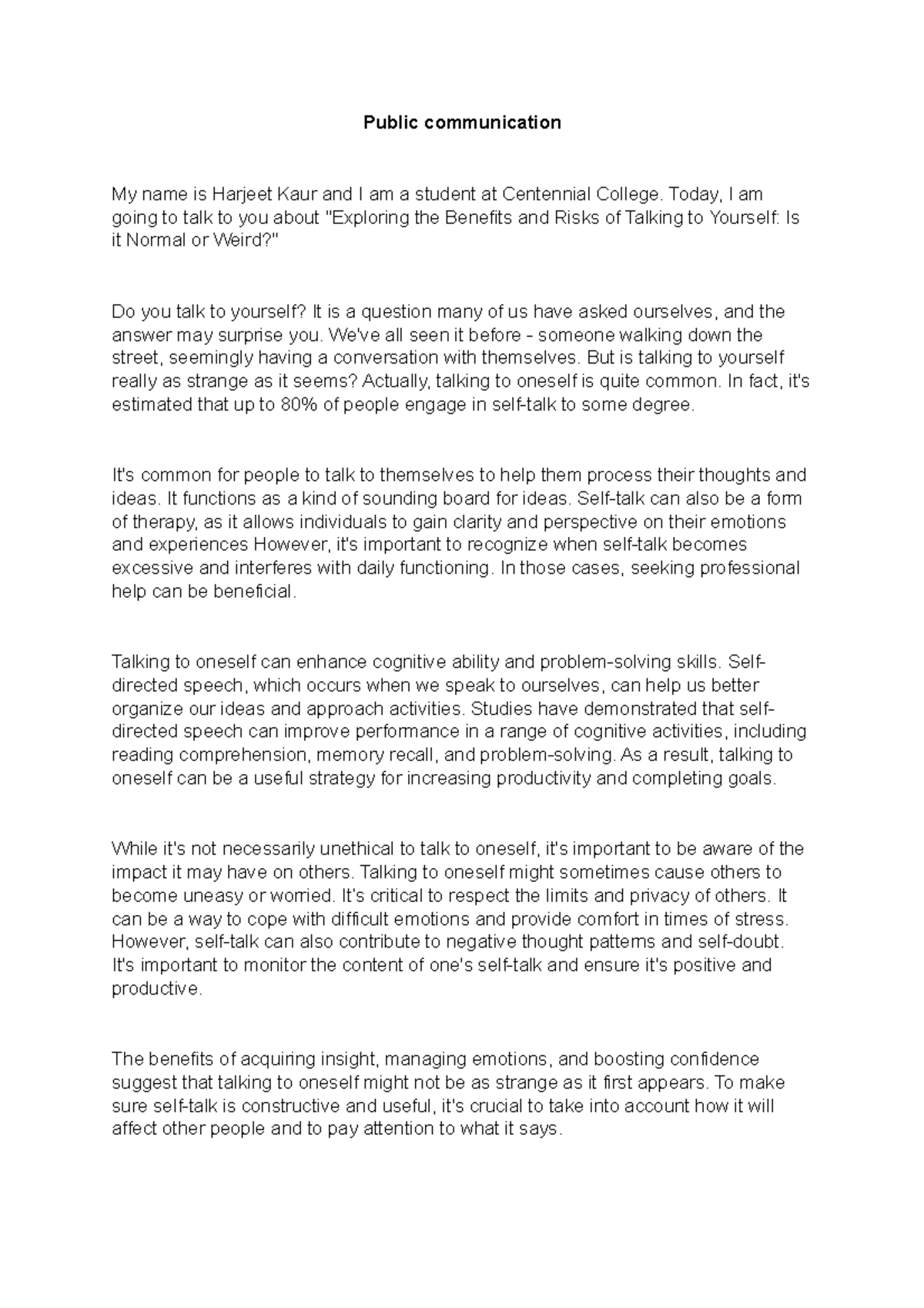 Script - Public communication My name is Harjeet Kaur and I am a ...