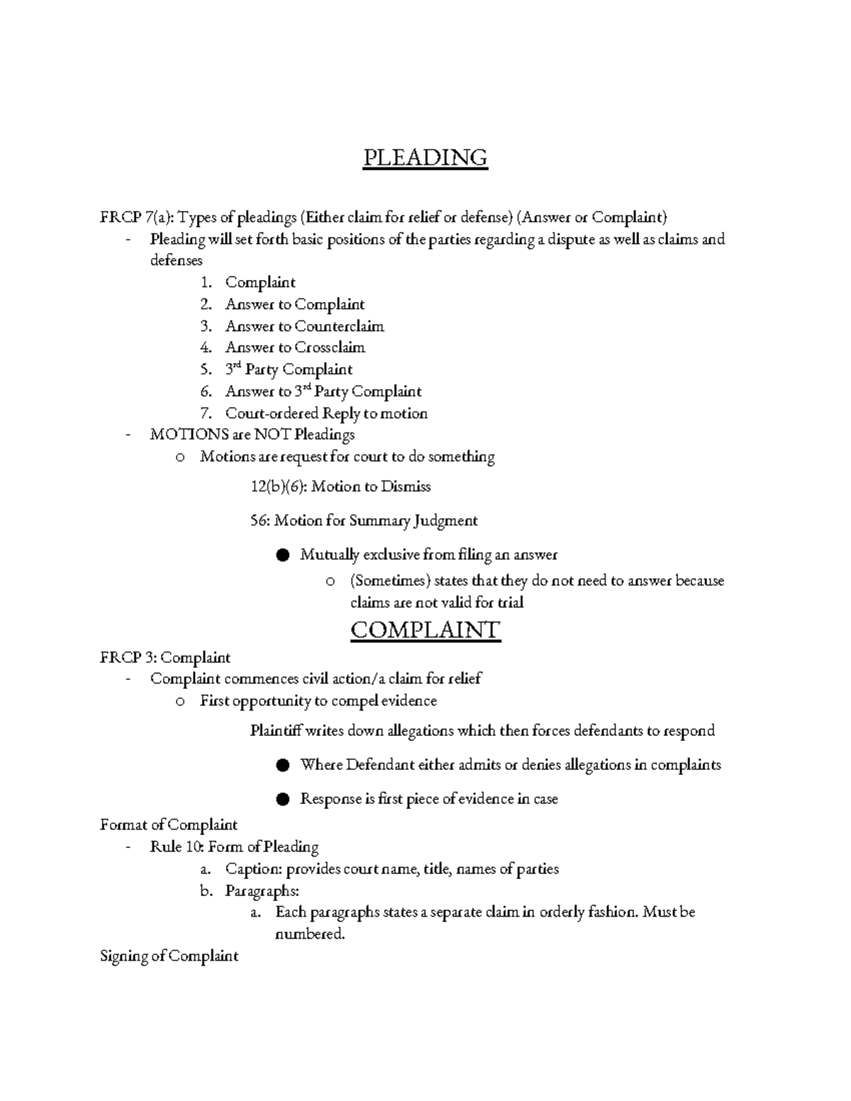 Campos Civ Pro Fall 2023 - PLEADING FRCP 7(a): Types Of Pleadings ...