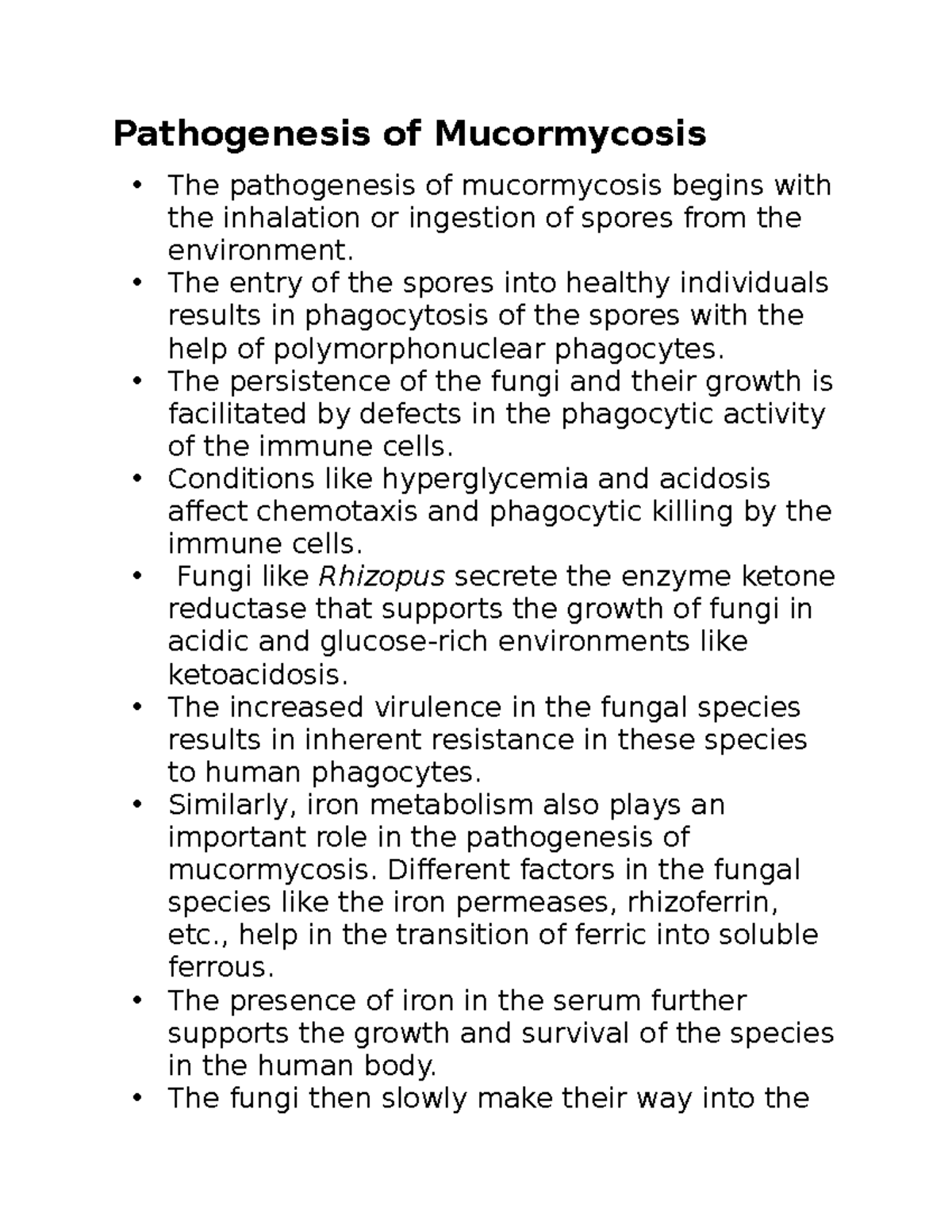 Bio 46 - Notes - Pathogenesis of Mucormycosis The pathogenesis of ...