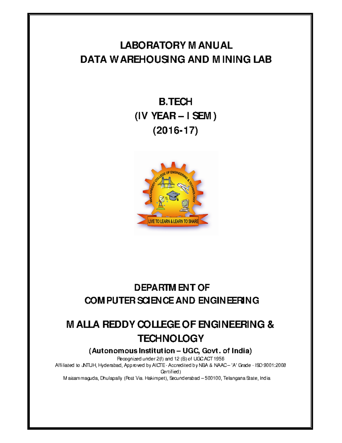 Data mining lab notes part2 LABORATORY M ANUAL DATA WAREHOUSING AND