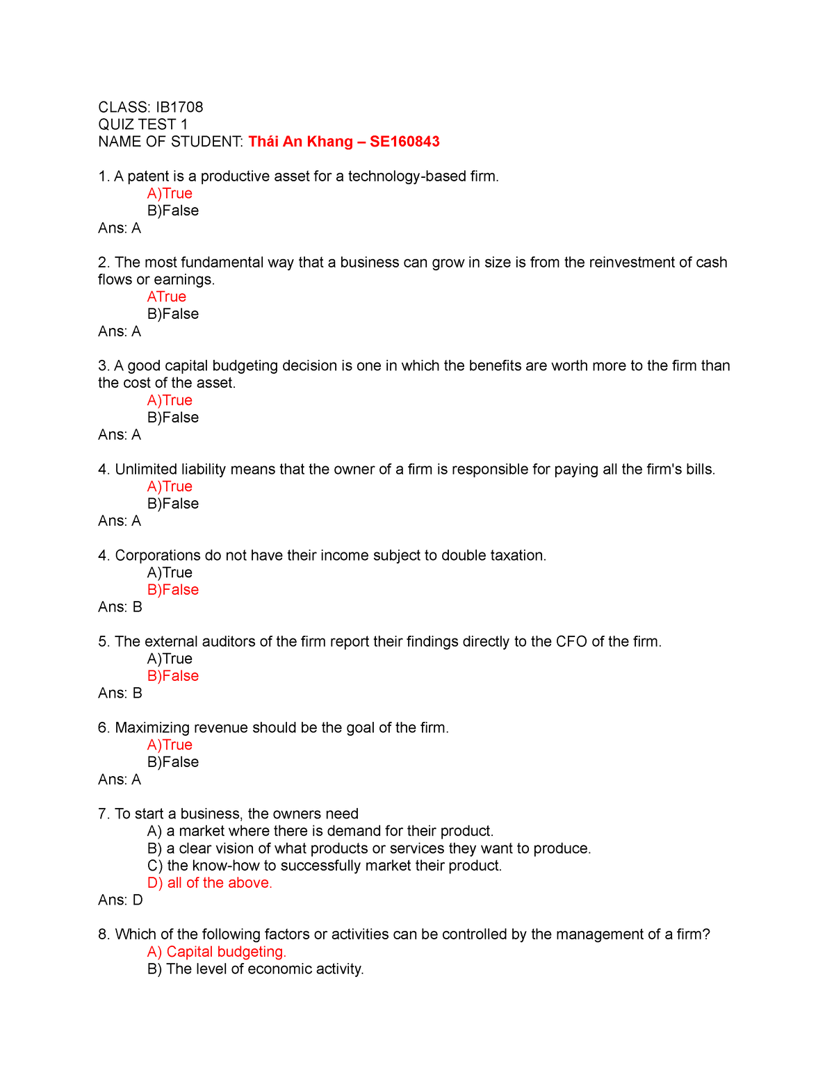 FIN202 Quiz1 SE160843 Thai An Khang - CLASS: IB QUIZ TEST 1 NAME OF ...