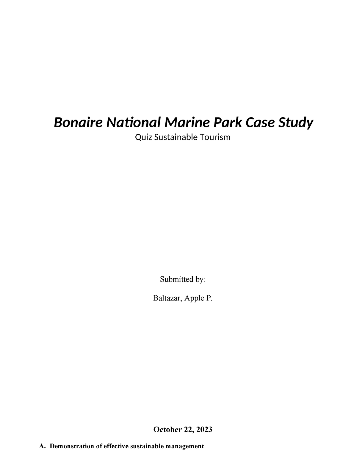 Bonaire National Marine Park Case Study - October 22, 2023 A ...