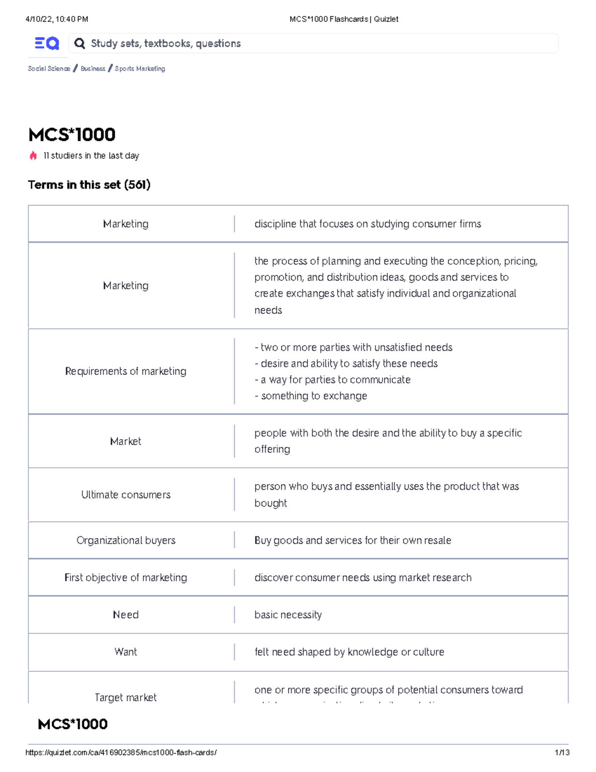 MCS 1000 Flashcards Quizlet 2,150 Pages - Mcs1000 - U Of G - Studocu