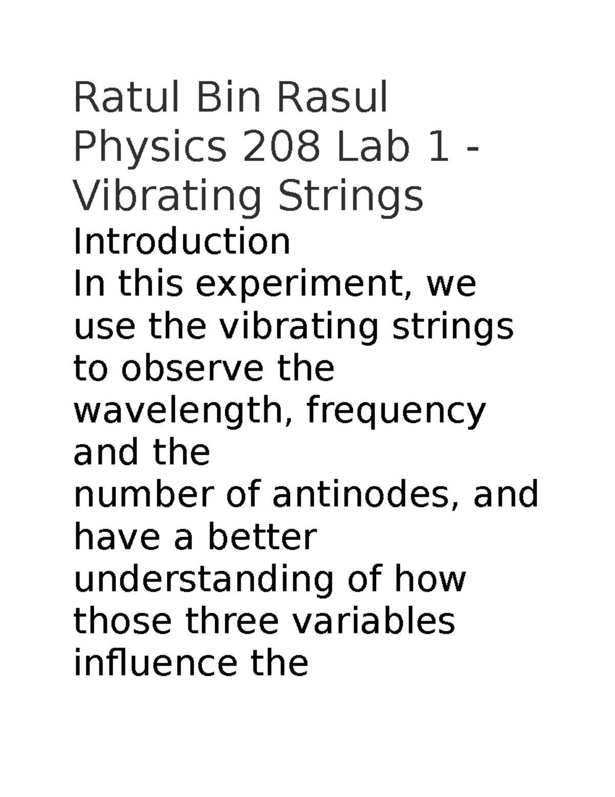 Physics 208 Lab Report 1 Vibrating Strings Ratul Bin Rasul Physics