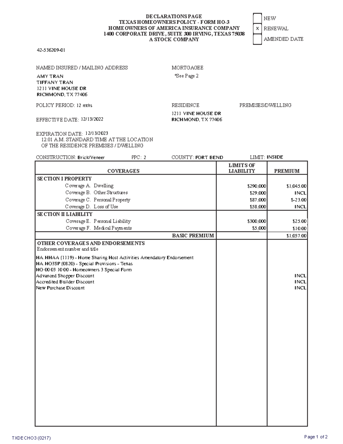 Hoaic - 123 - TXDECHO3 (0217) Page 1 of 2 DECLARATIONS PAGE HOMEOWNERS ...