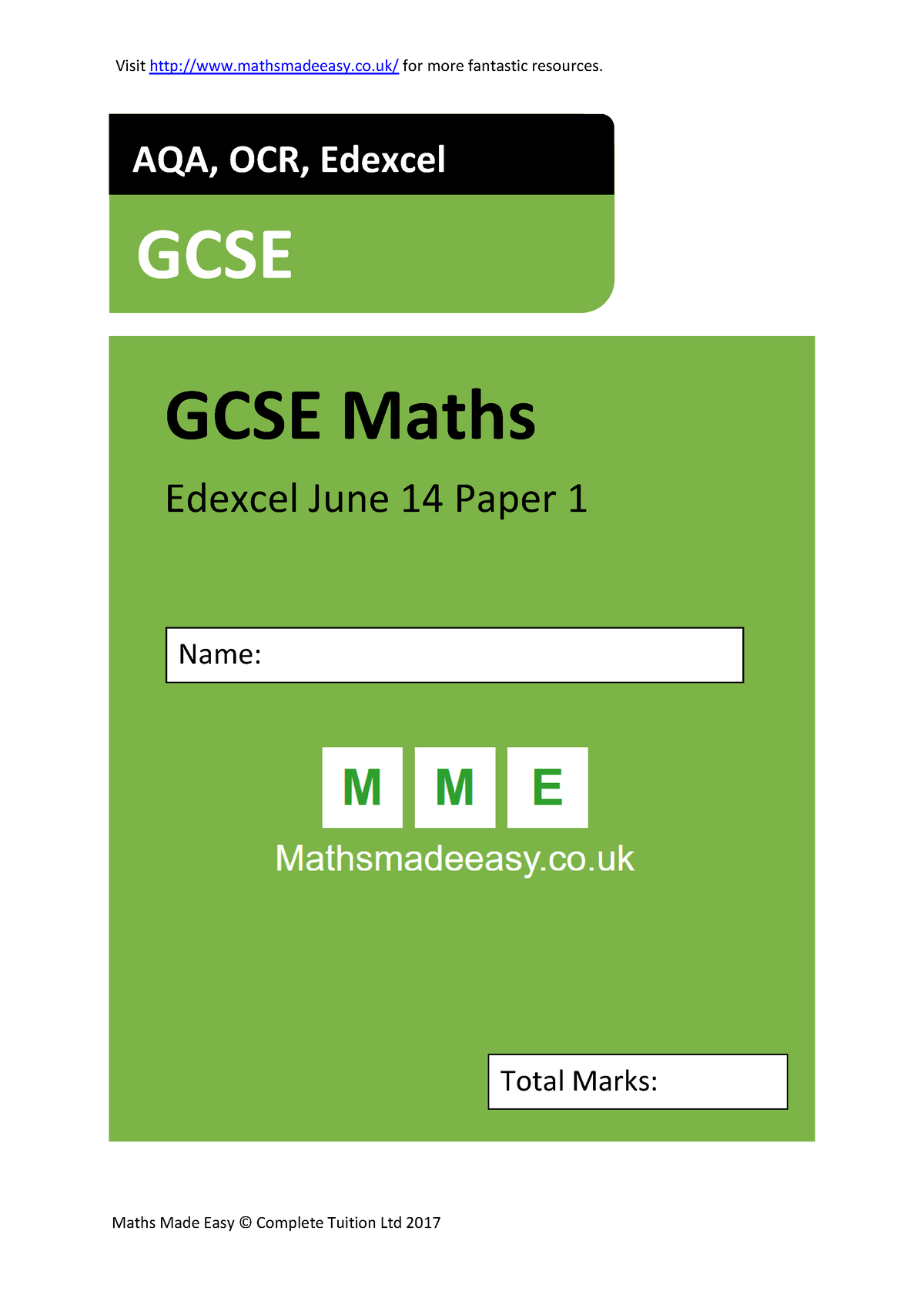 Edexcel June 14 Paper 1 Model Solutions - MATH 2034 - AQA, OCR, Edexcel ...