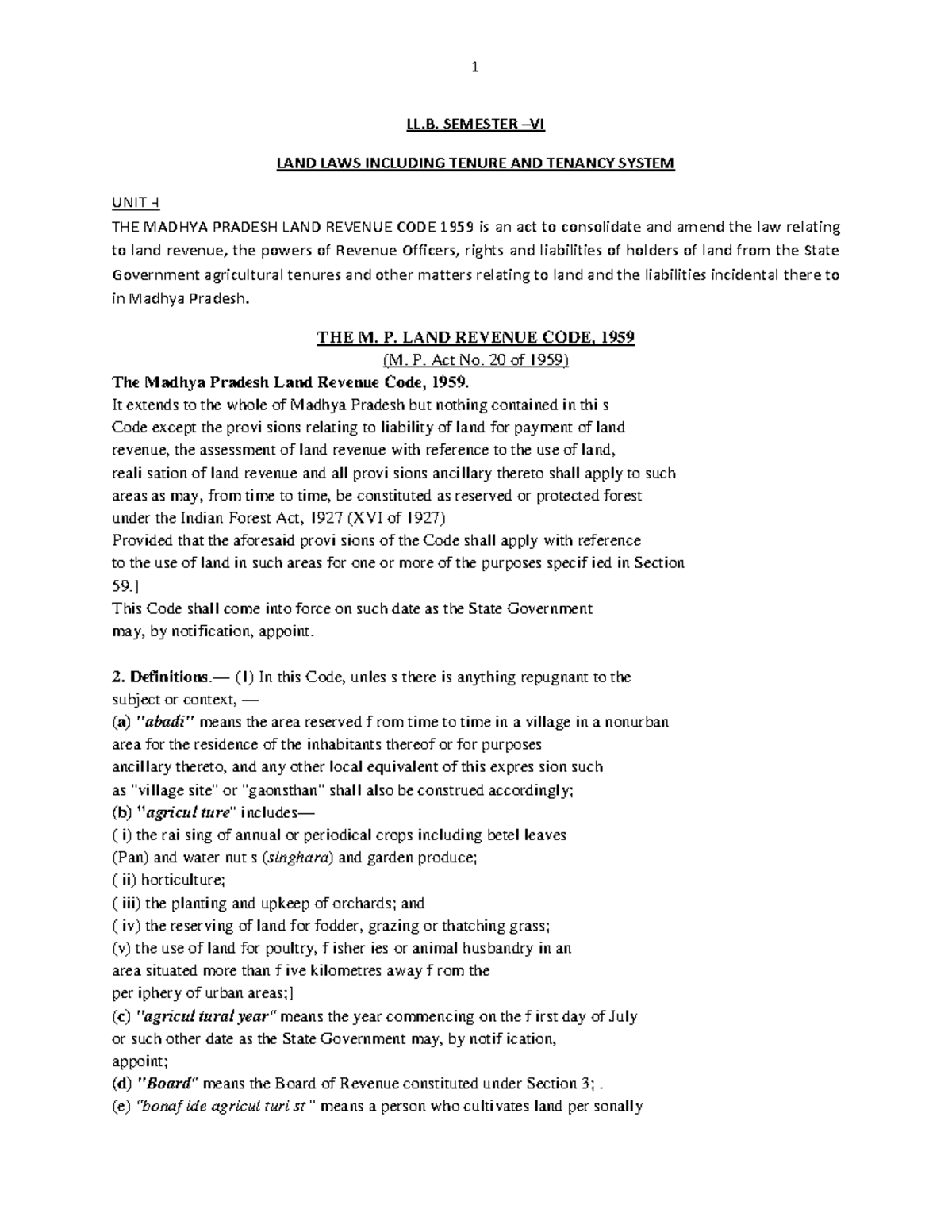 Land Laws Study Material - LL. SEMESTER –VI LAND LAWS INCLUDING TENURE ...