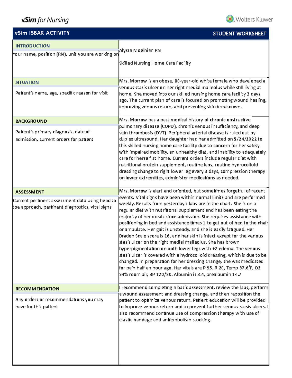 SBAR Morrow - VSim ISBAR ACTIVITY STUDENT WORKSHEET INTRODUCTION Alyssa ...