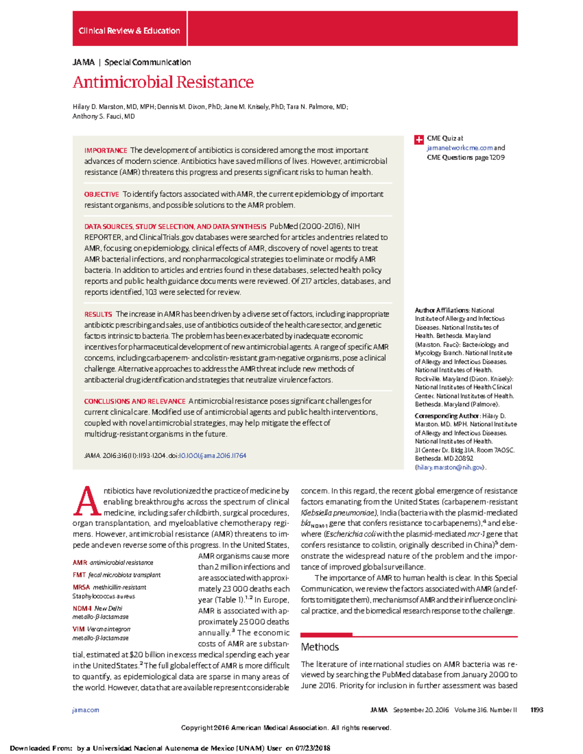 Marston et al., 2016 . Antimicrobial resistance Copyright 2016