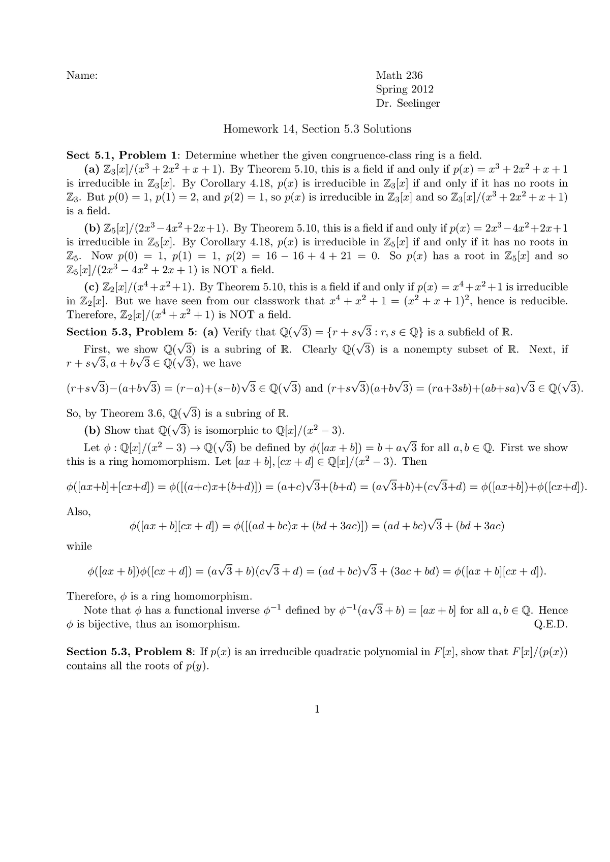 Homework 14 Section 5.3 Solutions Spring 2012 - Name: Math 236 Spring ...