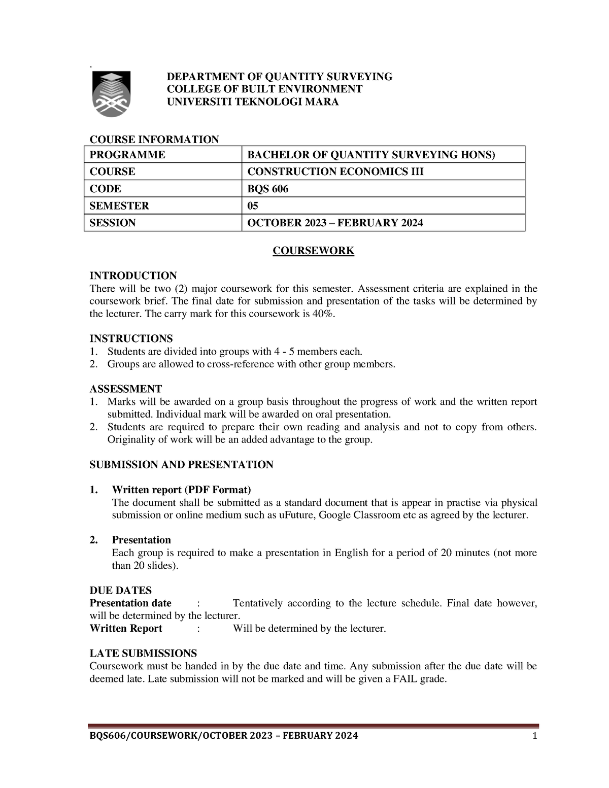 Coursework Bqs606 Oct2023 - . Department Of Quantity Surveying College 