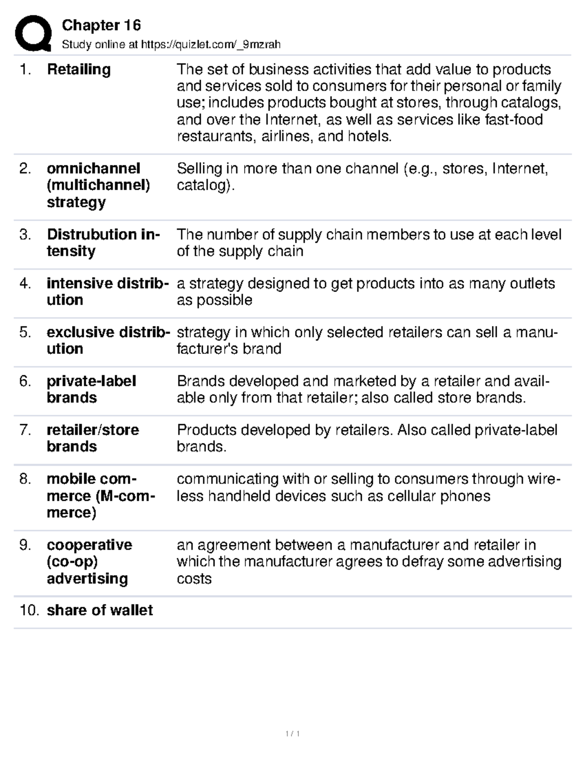 Ch 16 Vocabulary Chapter 16 Study online at quizlet/_9mzrah Retailing