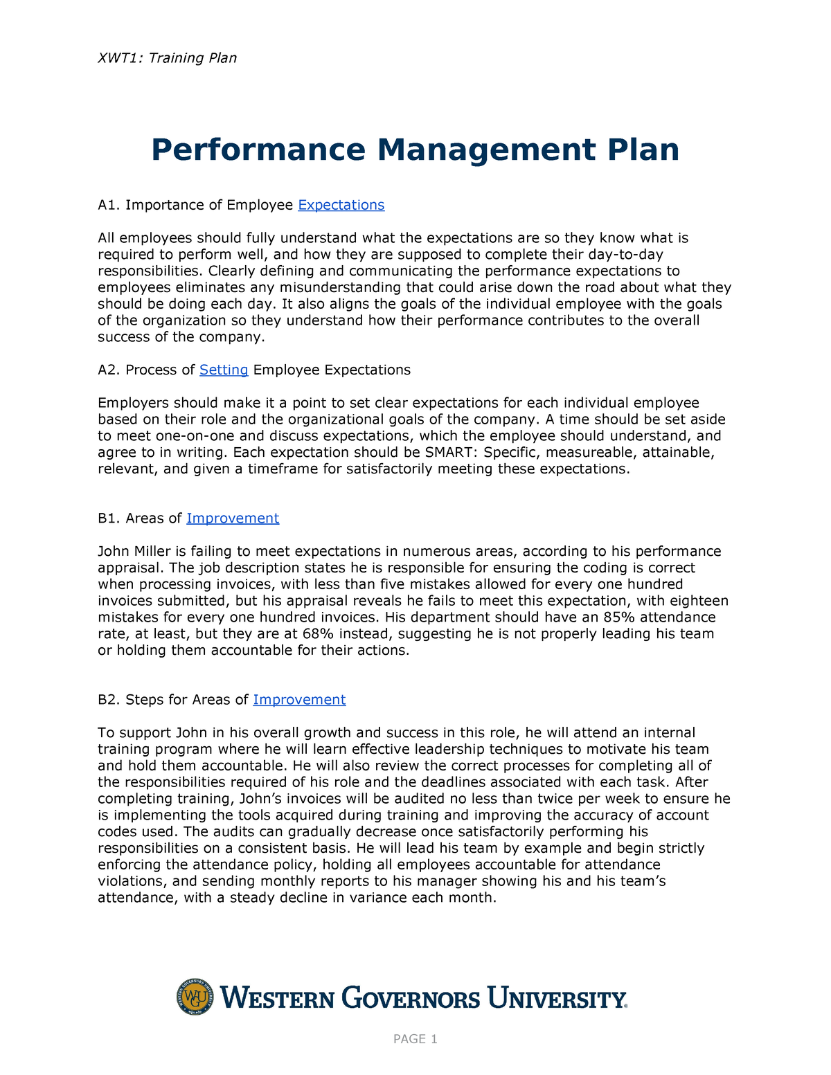 C235 Task 2 Performance Management Plan - XWT1: Training Plan ...