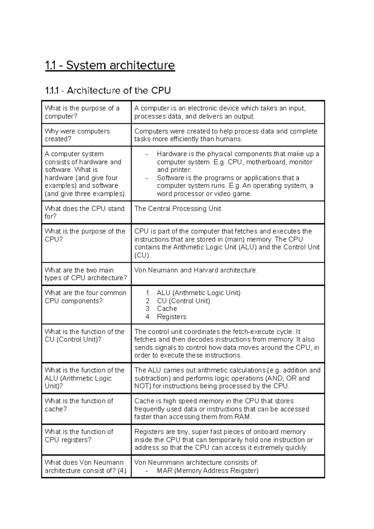 Computer Science Paper 1 Flashcards - 1 - System architecture 1.1 ...