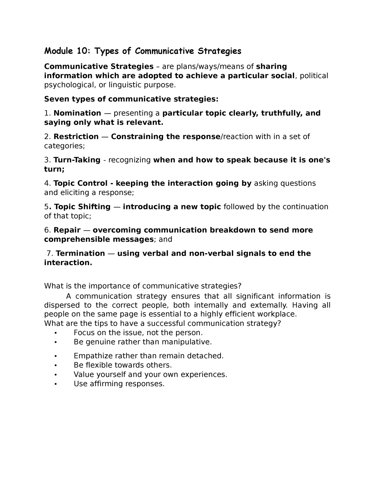 Restriction Communicative Strategy Example