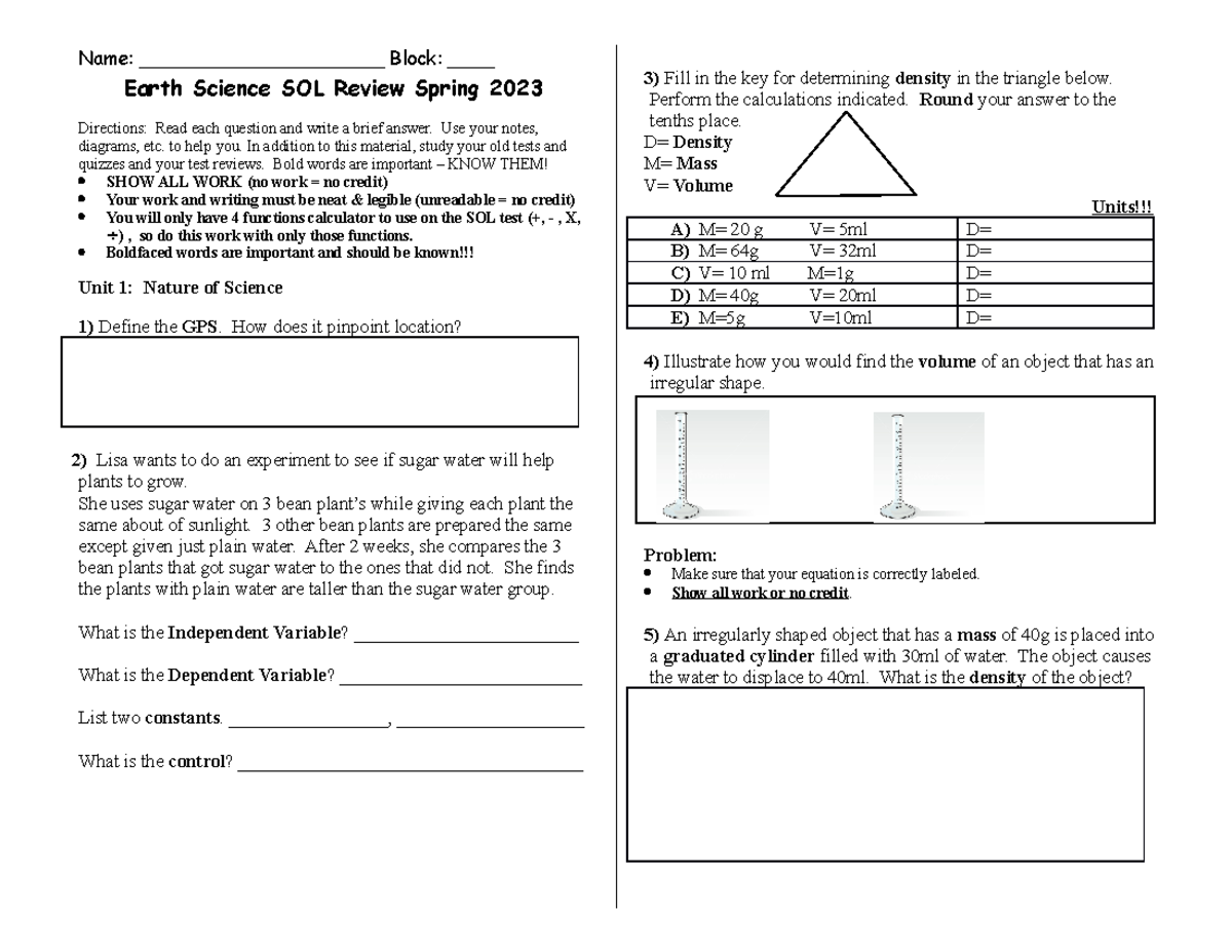 Earth Science SOL packet 2023 with Video links (1)1 Name _____________________ Block
