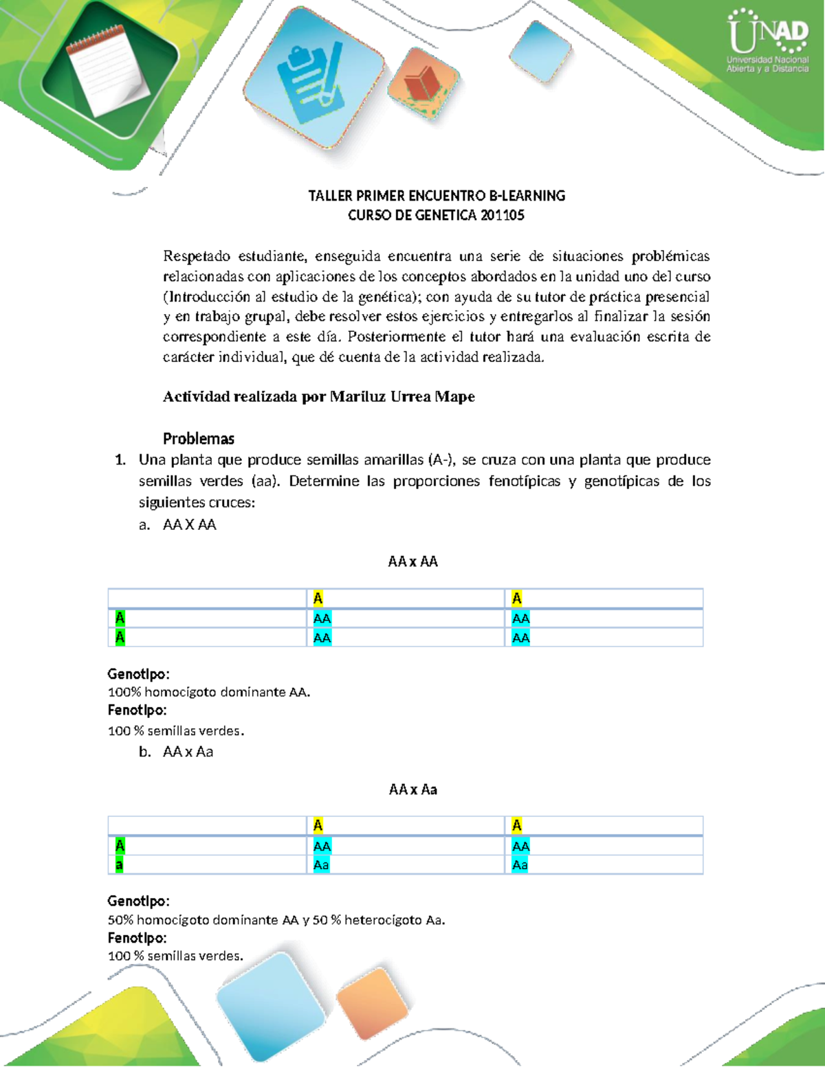 Taller 1 B-l Earning - Ejercicios De Genética - TALLER PRIMER ENCUENTRO ...