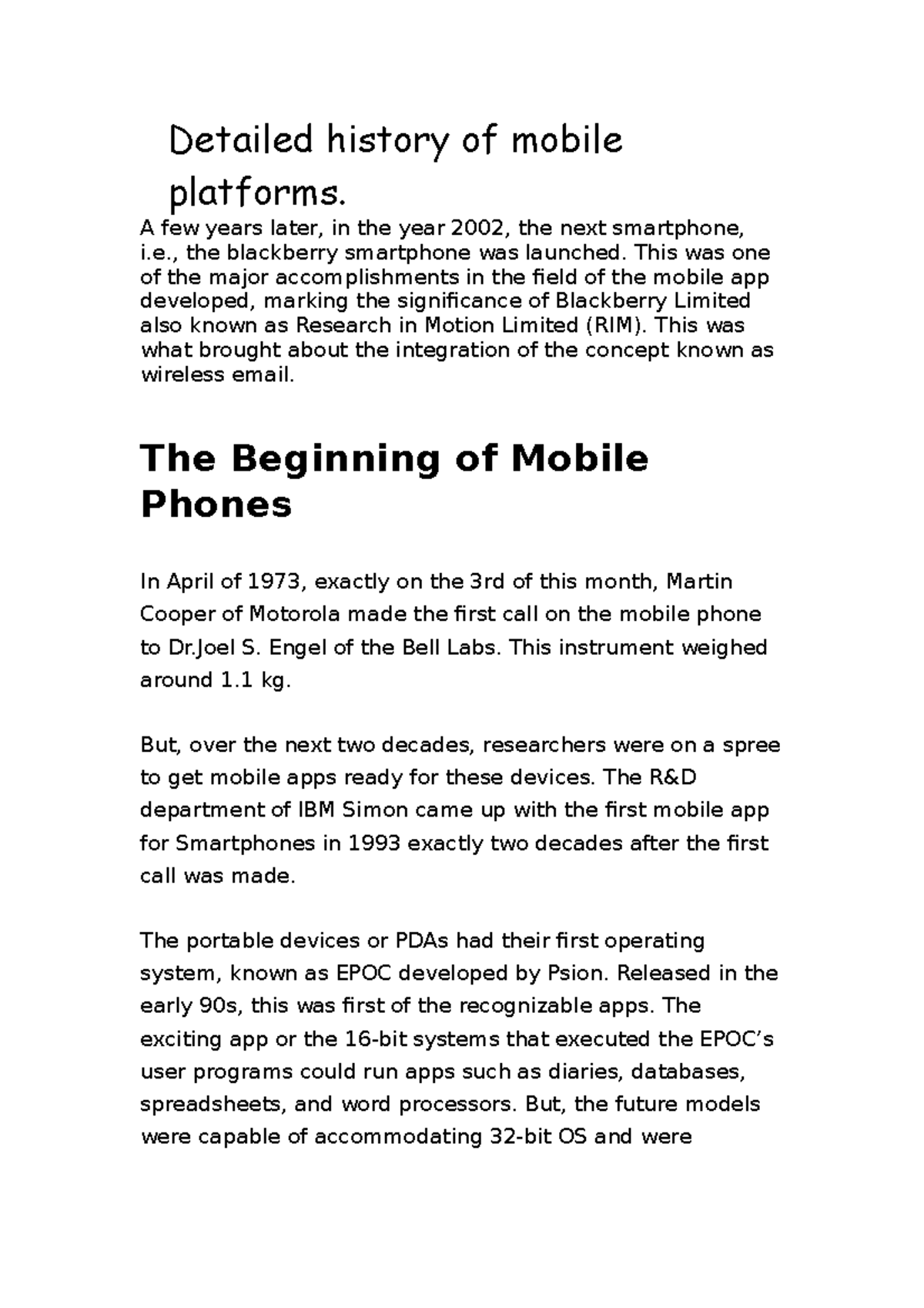 Detailed history of mobile platforms and Beginning of mobile phones