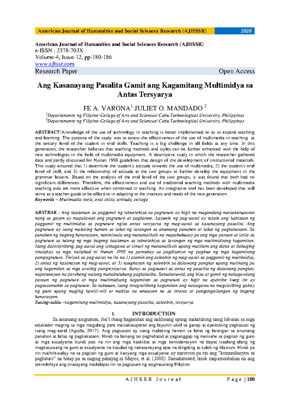 Pagsusuri SA nakakaapekto SA kasanayan - American Journal of Humanities ...
