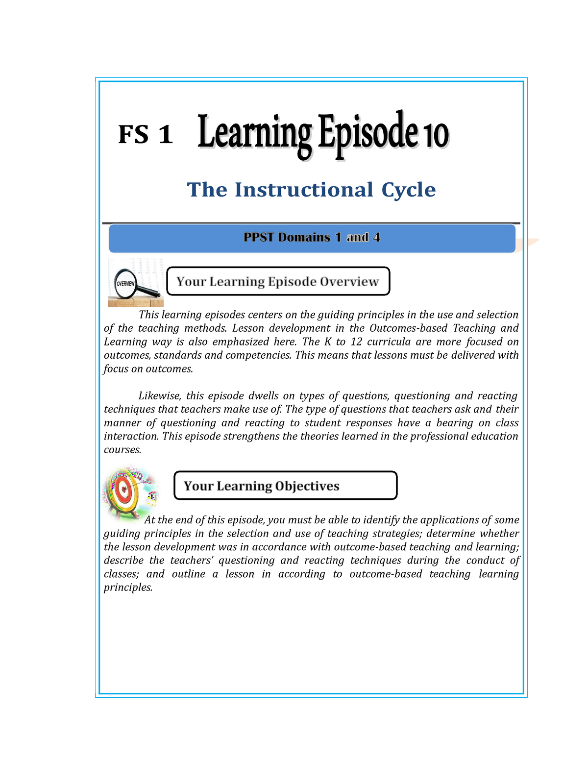 FS1- Episode-10 - Field Study - FS 1 The Instructional Cycle This ...