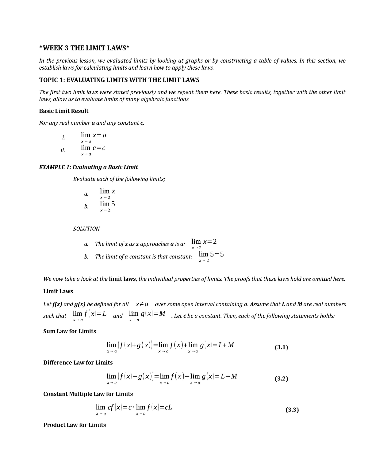 WEEK 3 THE Limit LAWS Lecture Notes 1 WEEK 3 THE LIMIT LAWS In The 