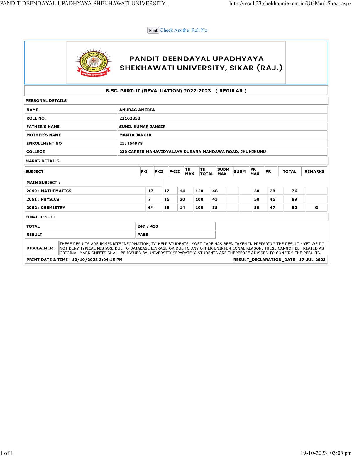 Pandit Deendayal Upadhyaya Shekhawati University, Sikar (RAJ - NAME ...