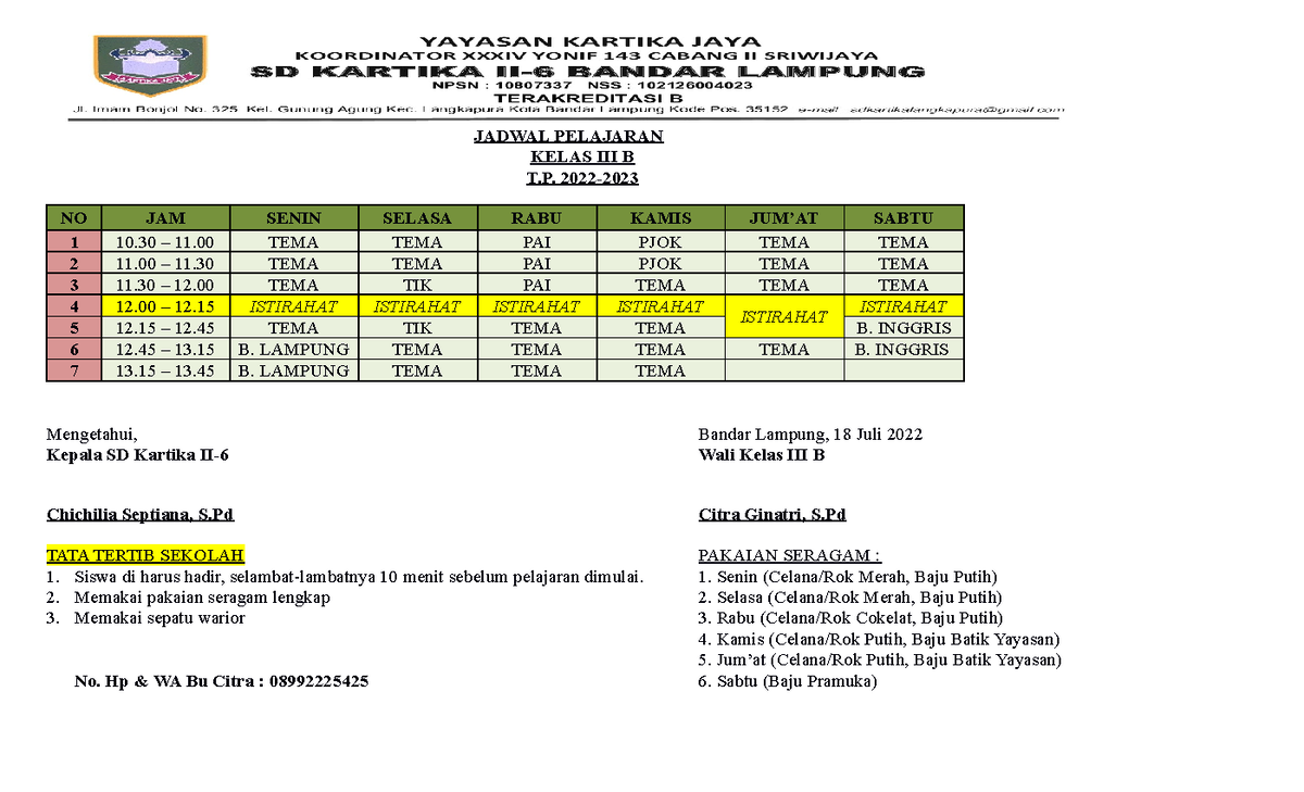 Jadwal Pelajaran Kls 3 B - JADWAL PELAJARAN KELAS III B T. 2022- NO JAM ...