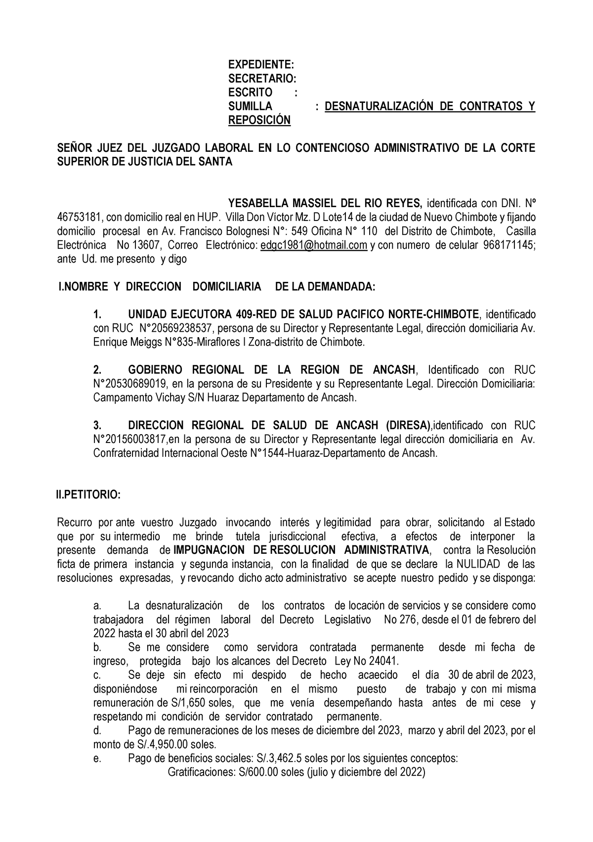 Demanda - EXPEDIENTE: SECRETARIO: ESCRITO : SUMILLA : DESNATURALIZACI”N ...