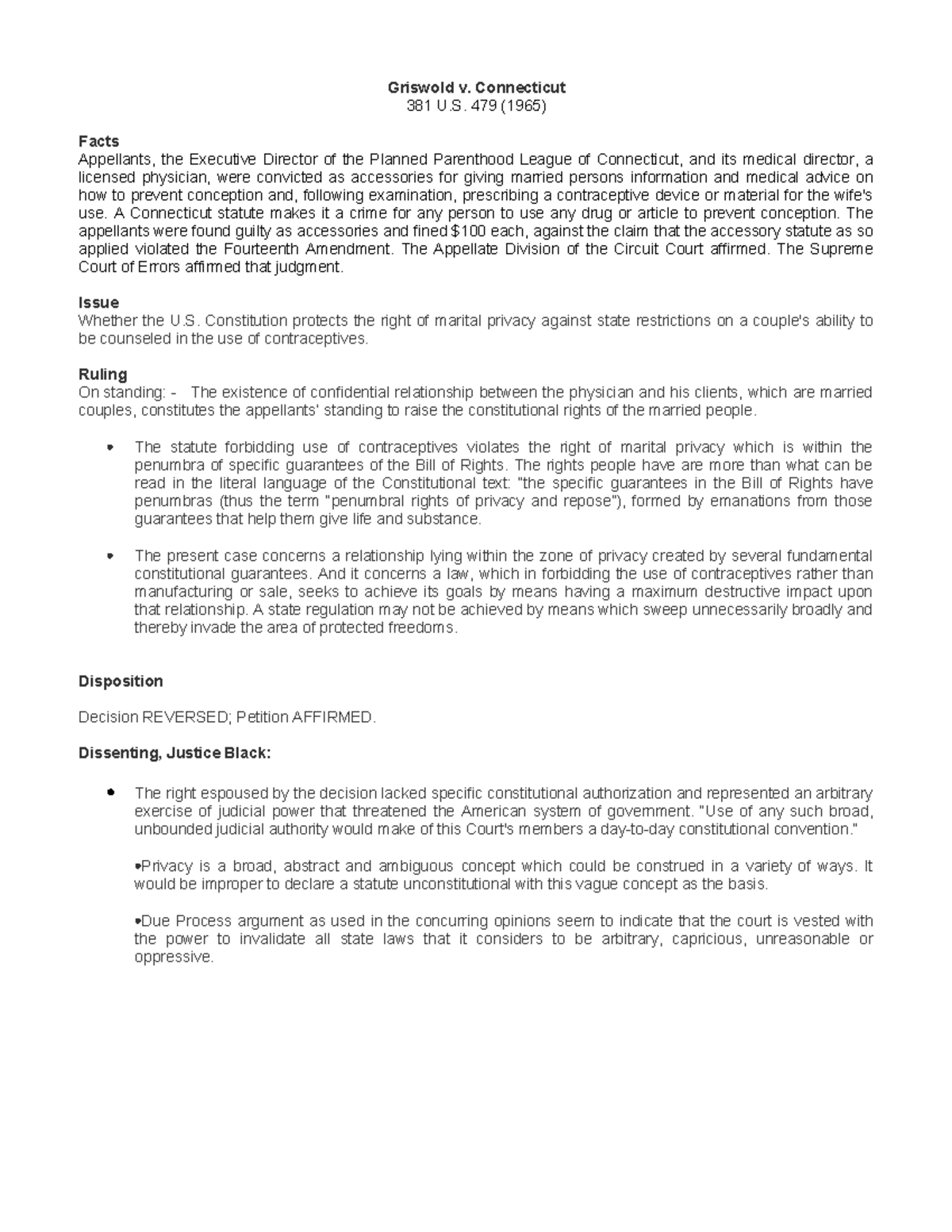 Griswold V. Conneticut - Griswold V. Connecticut 381 U. 479 (1965 ...