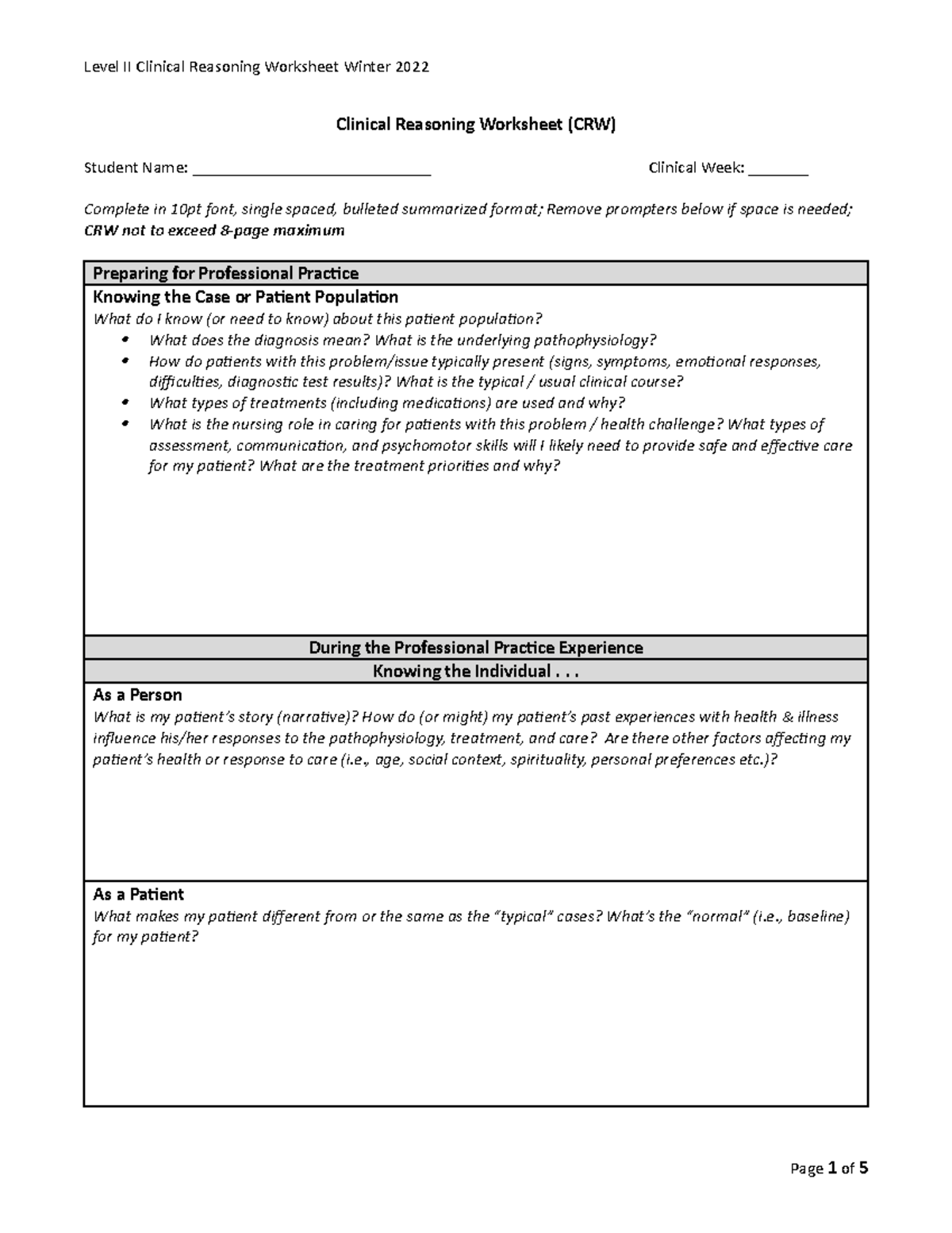 Clinical Reasoning Worksheet Winter 2022 - Clinical Reasoning Worksheet 