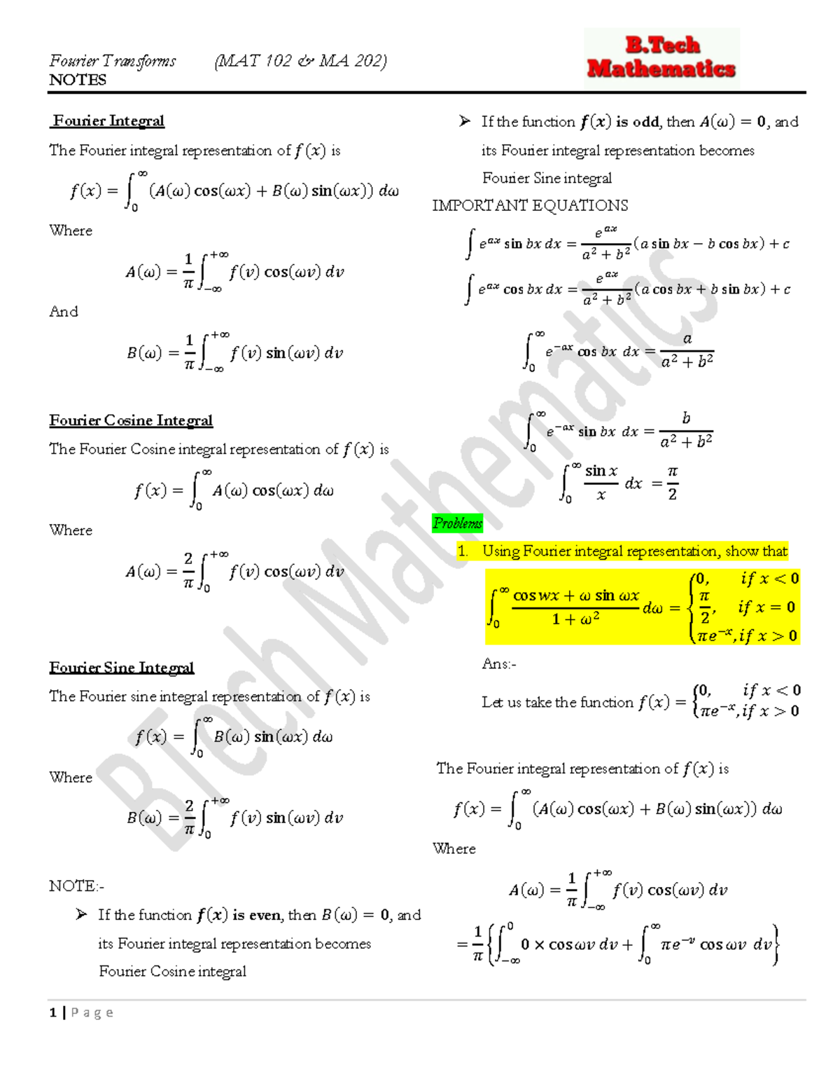 Fourier Transfroms Notes - NOTES Fourier Integral The Fourier integral ...