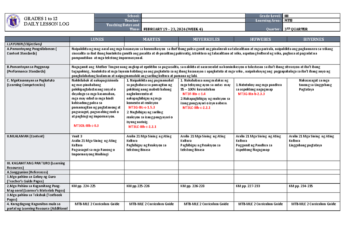 DLL MTB 3 Q3 W4 - Assignment Lesson plan for MTB - GRADES 1 to 12 DAILY ...