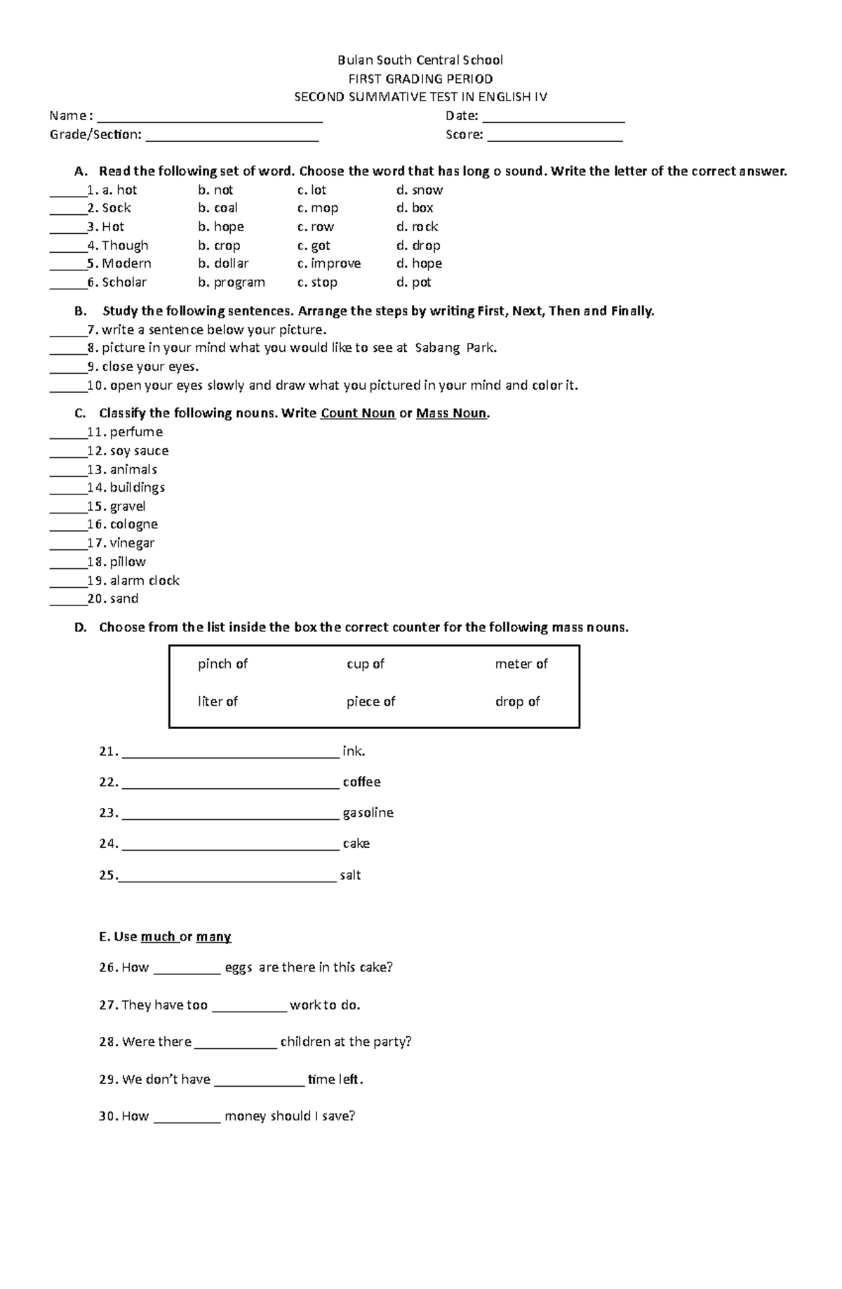 Second summative test in English - Bulan South Central School FIRST ...