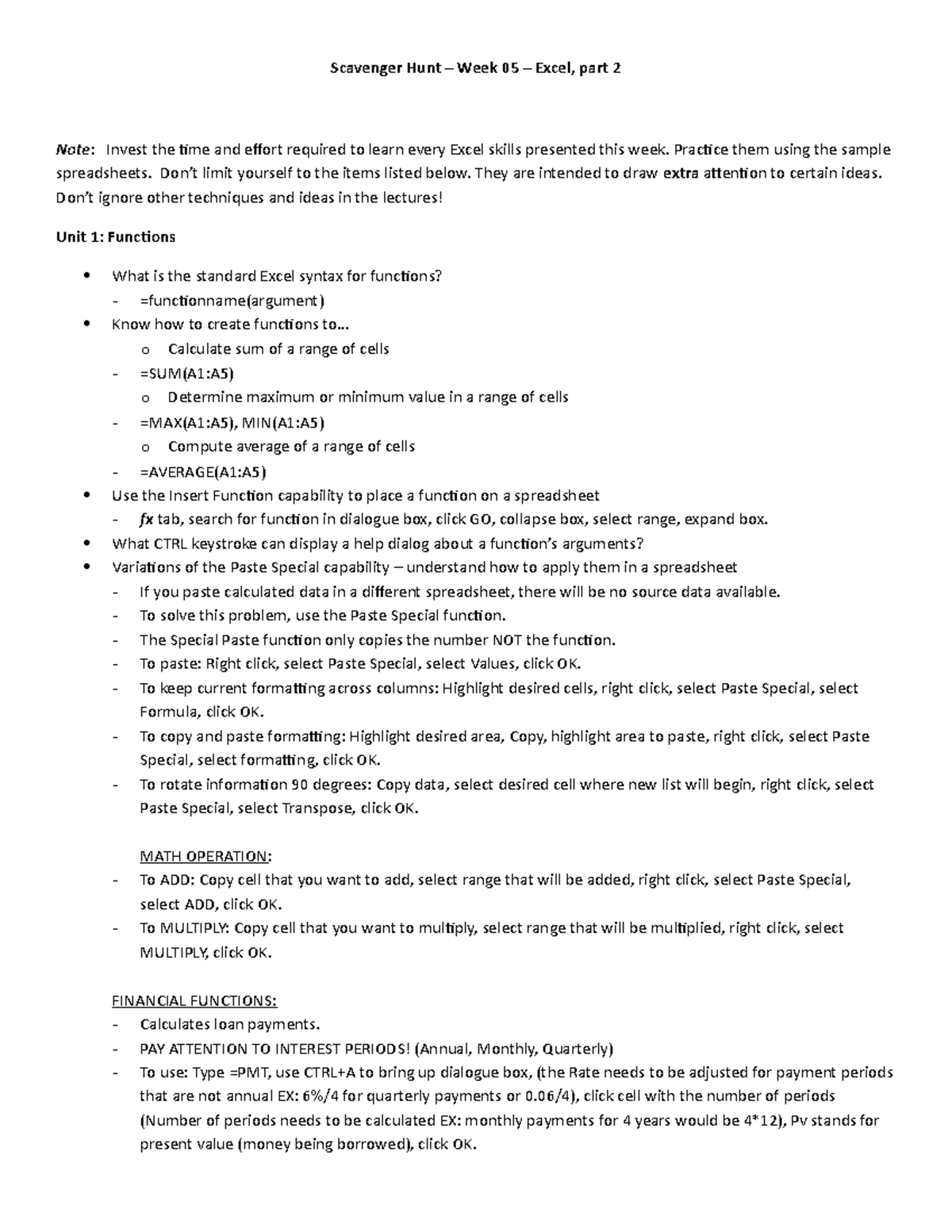 ISM3004Scavenger Hunt Week 05 Scavenger Hunt Week 05 Excel, part 2