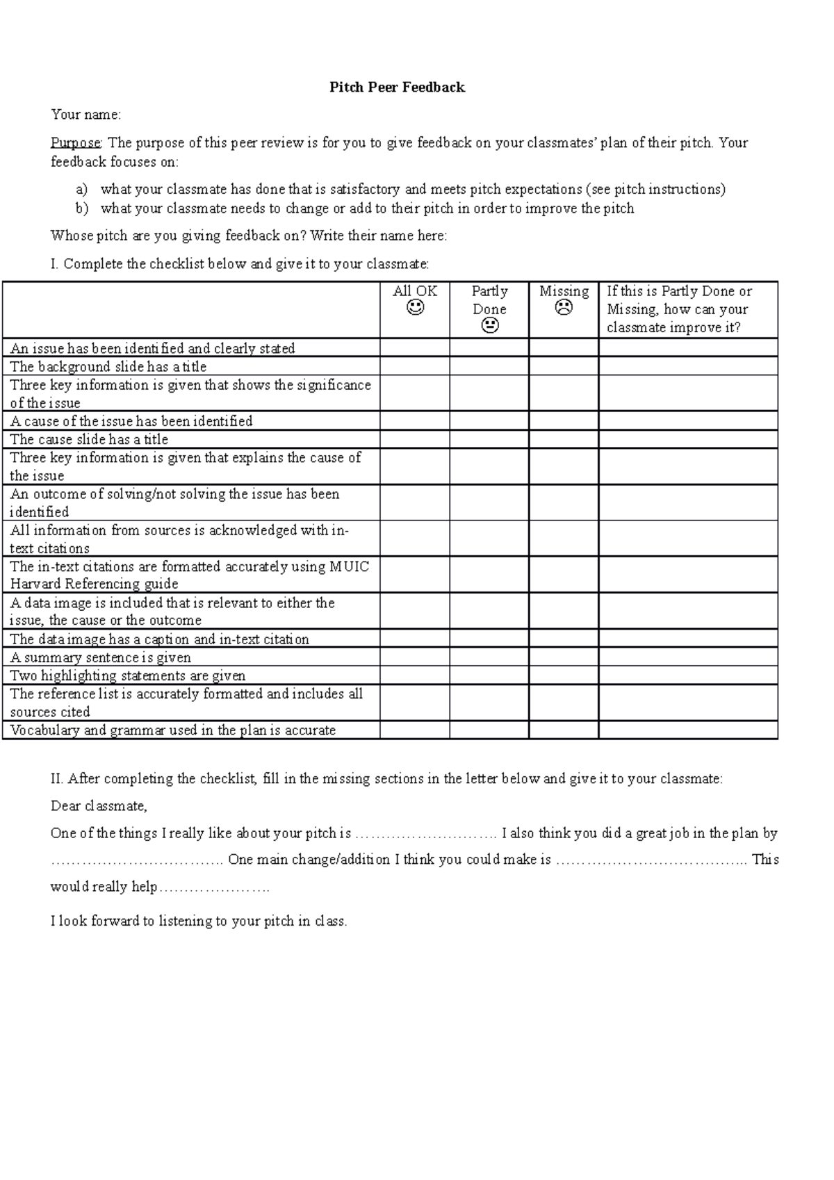 Pitch Peer Feedback Checklist - Pitch Peer Feedback Your name: Purpose ...