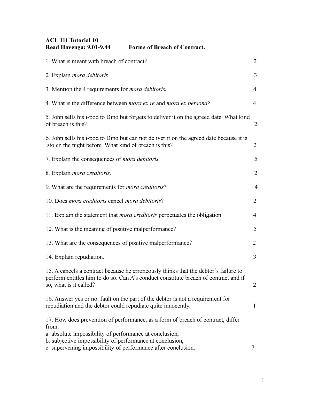 ACL 111 Tutorial 10 - Forms of Breach of Contract - ACL 111 Tutorial 10 ...