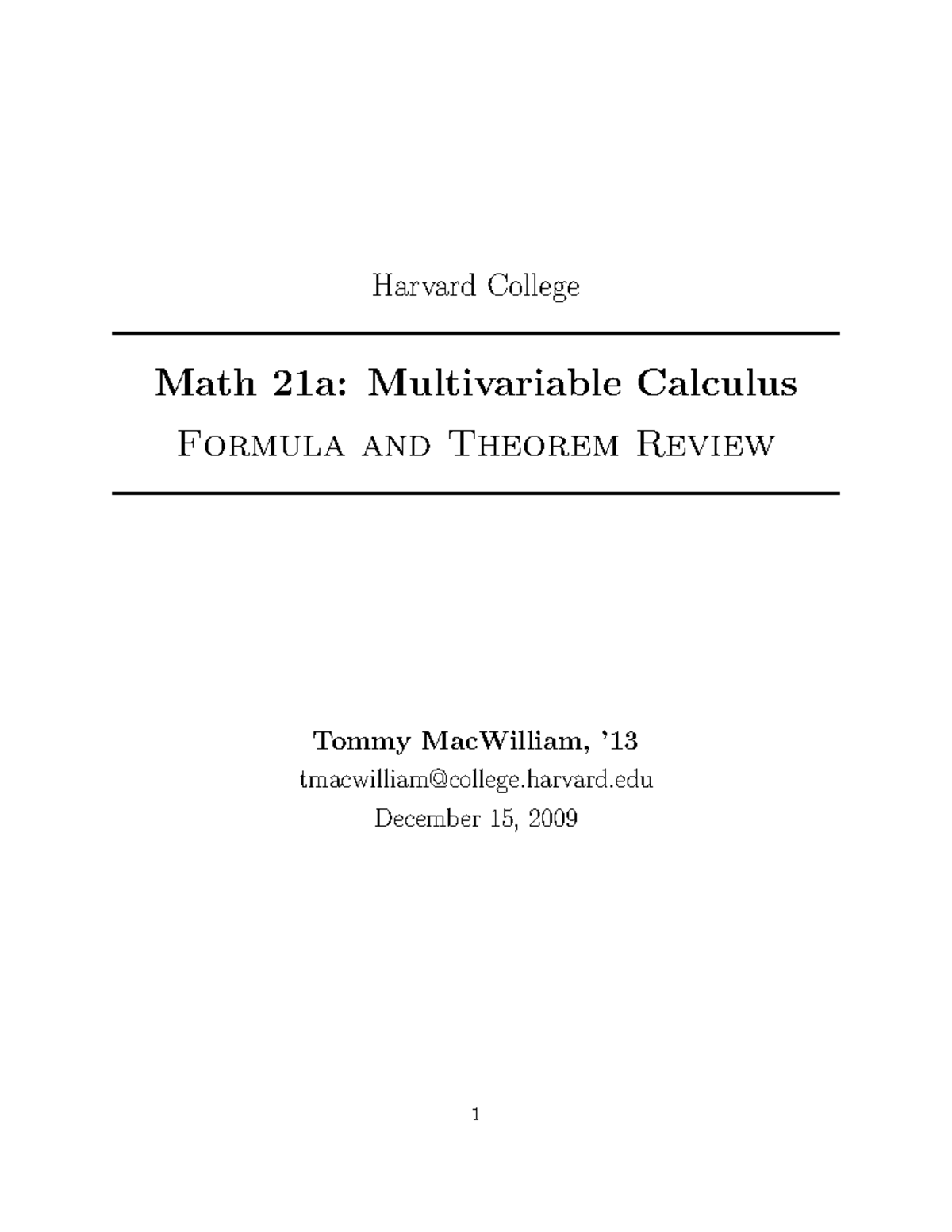Multi var summary Harvard College Math 21a Multivariable Calculus