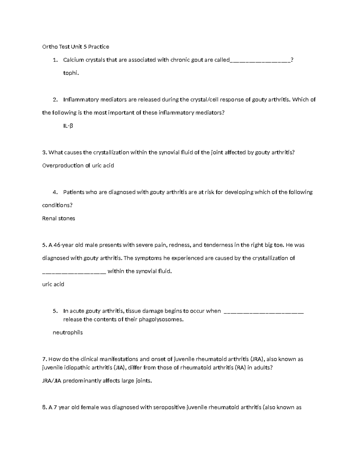 Practice Questions Unit 5 Ortho Test Unit 5 Practice 1. Calcium