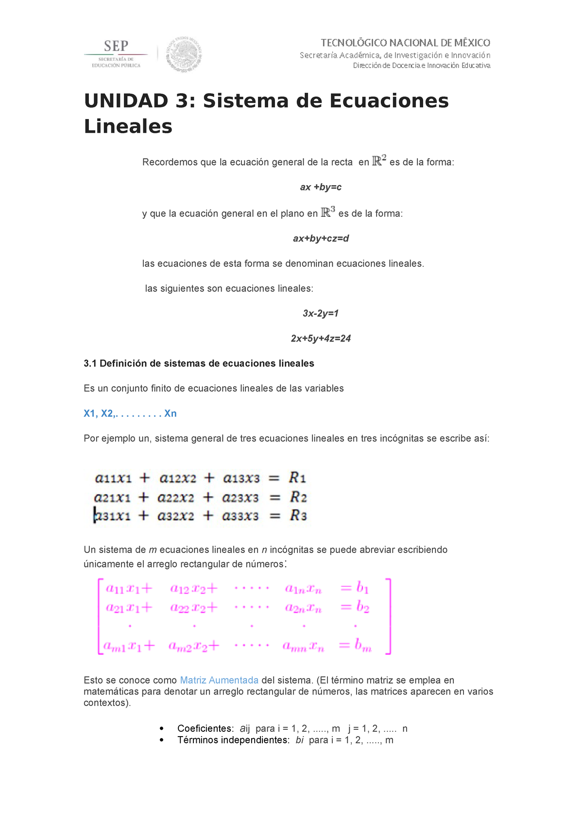 Unidad 3 Algebra Lineal - UNIDAD 3: Sistema De Ecuaciones Lineales ...