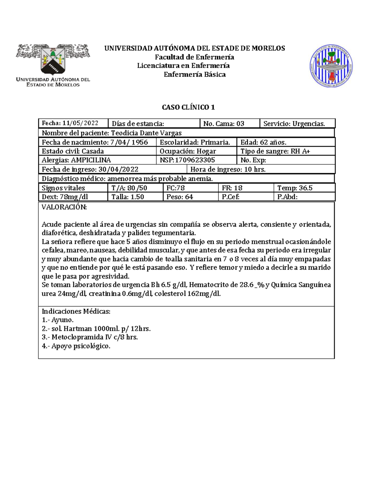 Casos Clinicos - UNIVERSIDAD AUT”NOMA DEL ESTADE DE MORELOS Facultad De ...