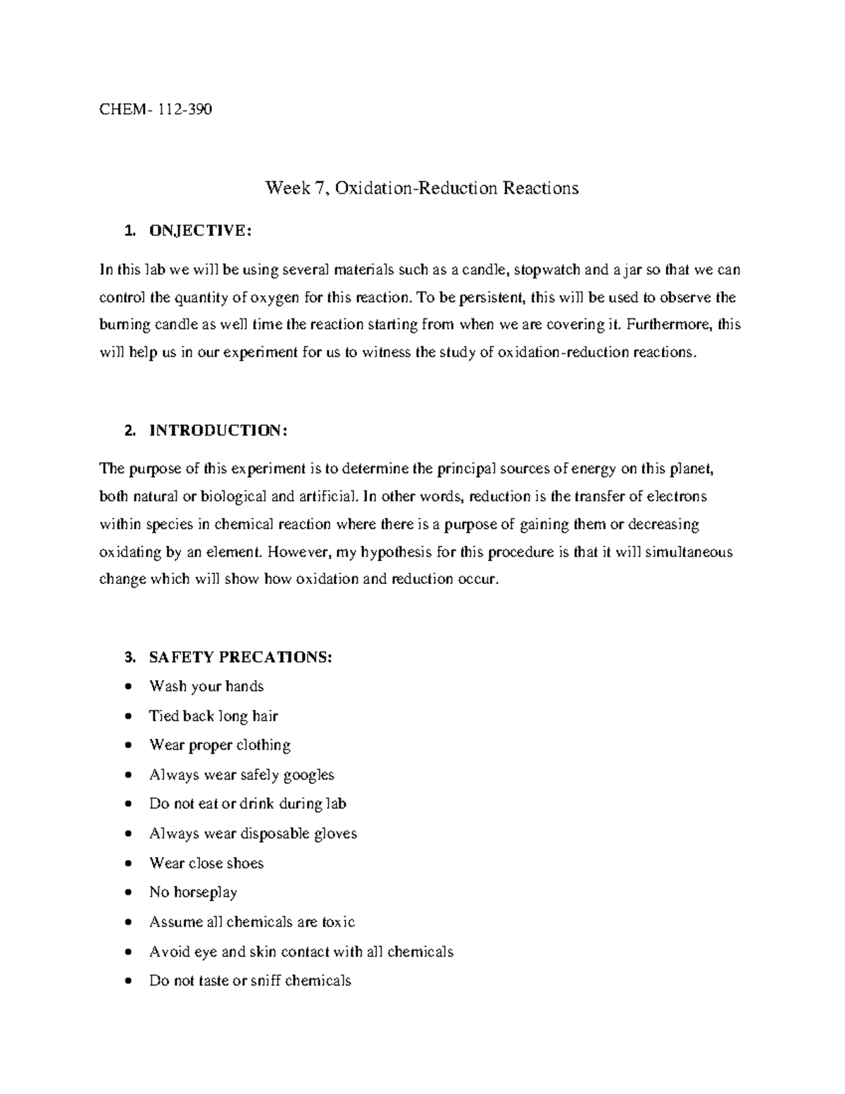 Week 7 Lab Chem - week 7 lab-online - CHEM- 112- Week 7, Oxidation ...