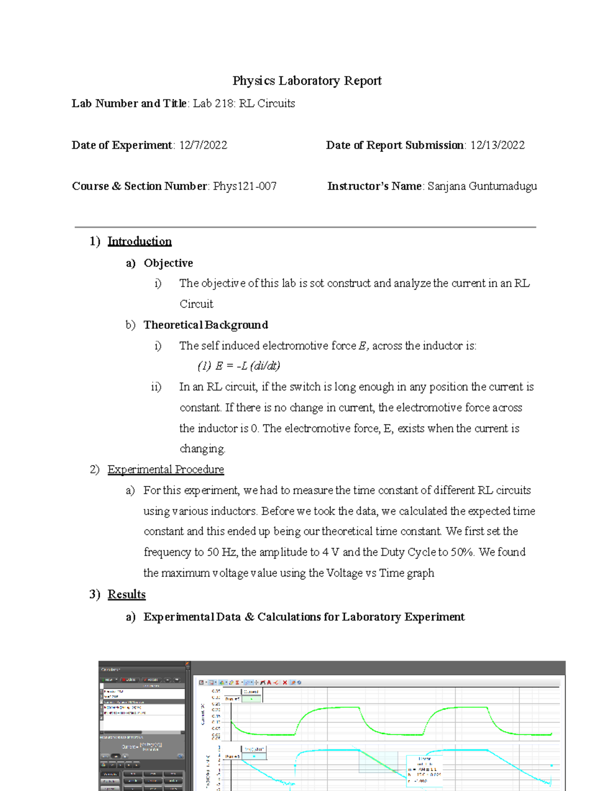 Lab 218 RL Circuits2 lab report Physics Laboratory Report Lab