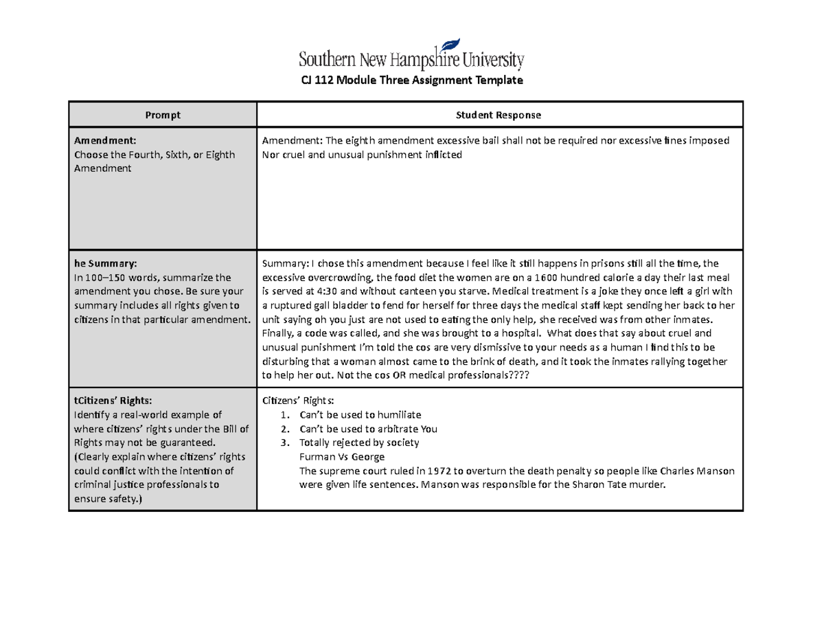 Assignment 3-2 - pick which amendment - CJ 112 Module Three Assignment ...