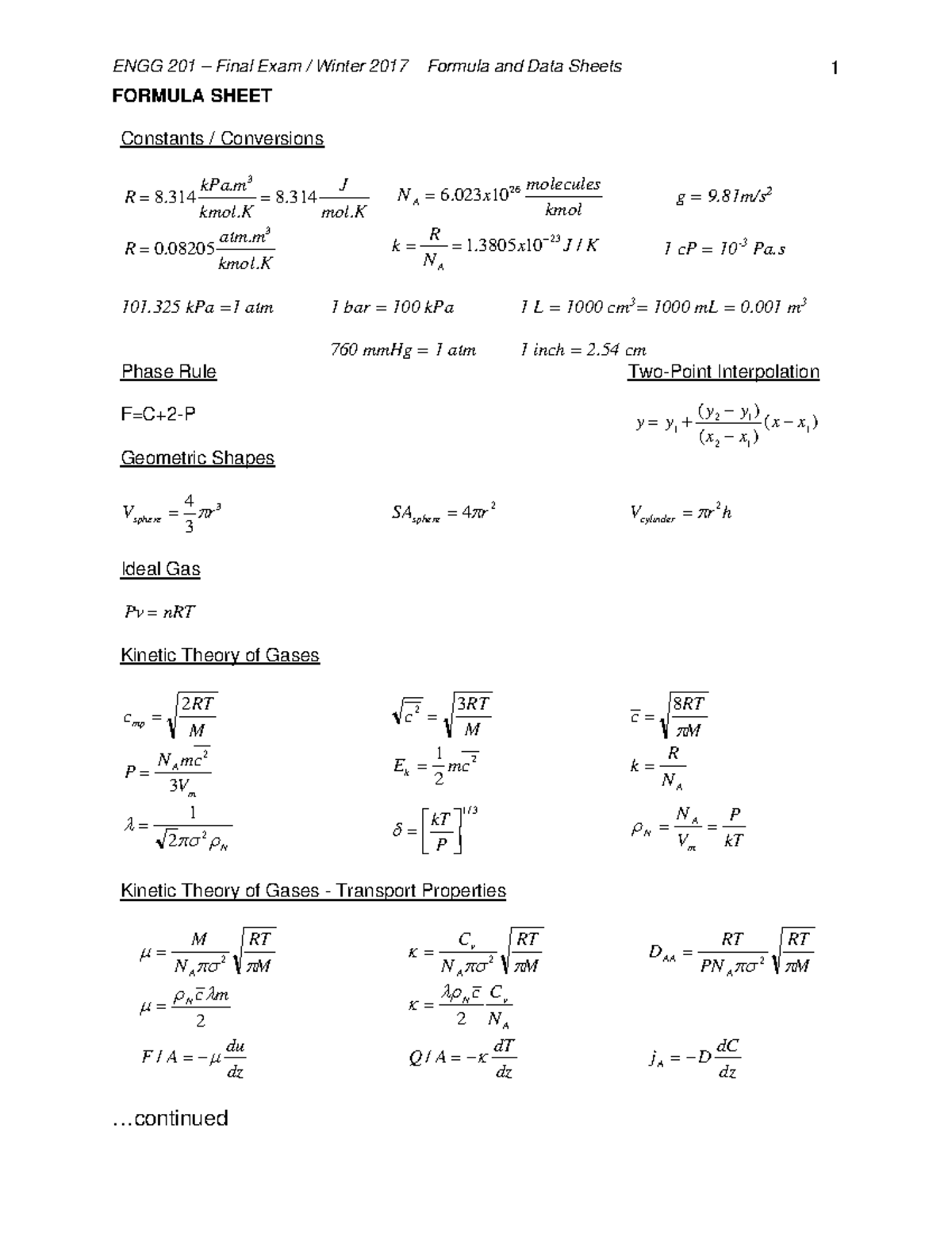 Final - formula sheet - FORMULA SHEET Constants / Conversions molK J ...