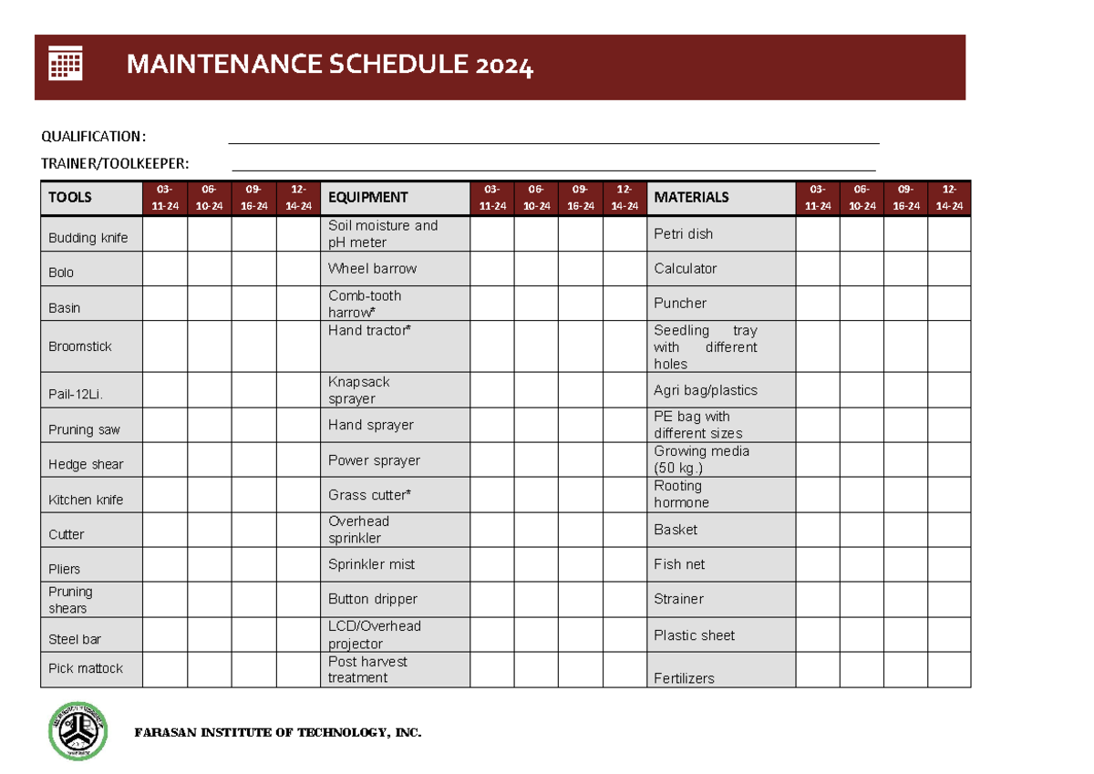 Maintenance Schedule FOR TEMSs 2024 - MAINTENANCE SCHEDULE 2024 ...